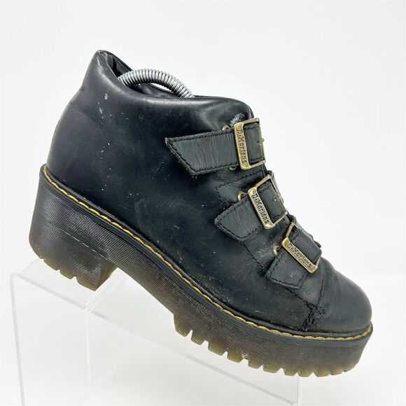 Dr. Martens Black Leather Triple Strap Ankle Boots Size 9 Chunky Block Heel - Picture 1 of 14